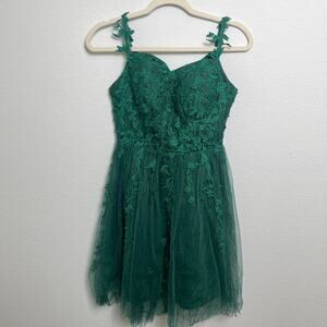 Lavetir Emerald Green Lace Tulle Dress Womens SZ 6 Beaded Floral Formal Cocktail